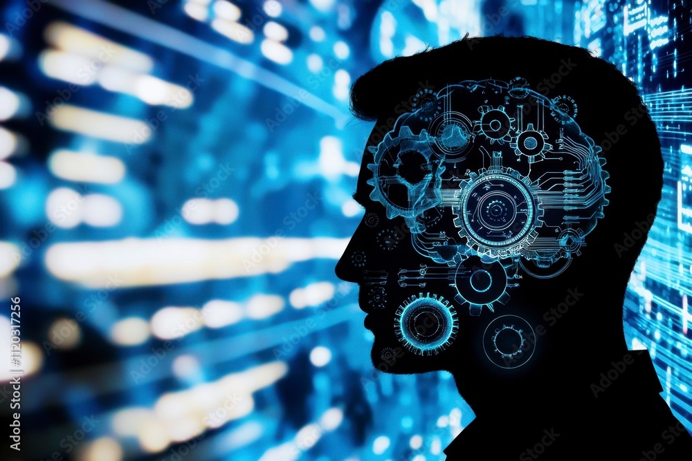 Poster exploring artificial intelligencehuman mind and machine integration digital realm visual art futuris