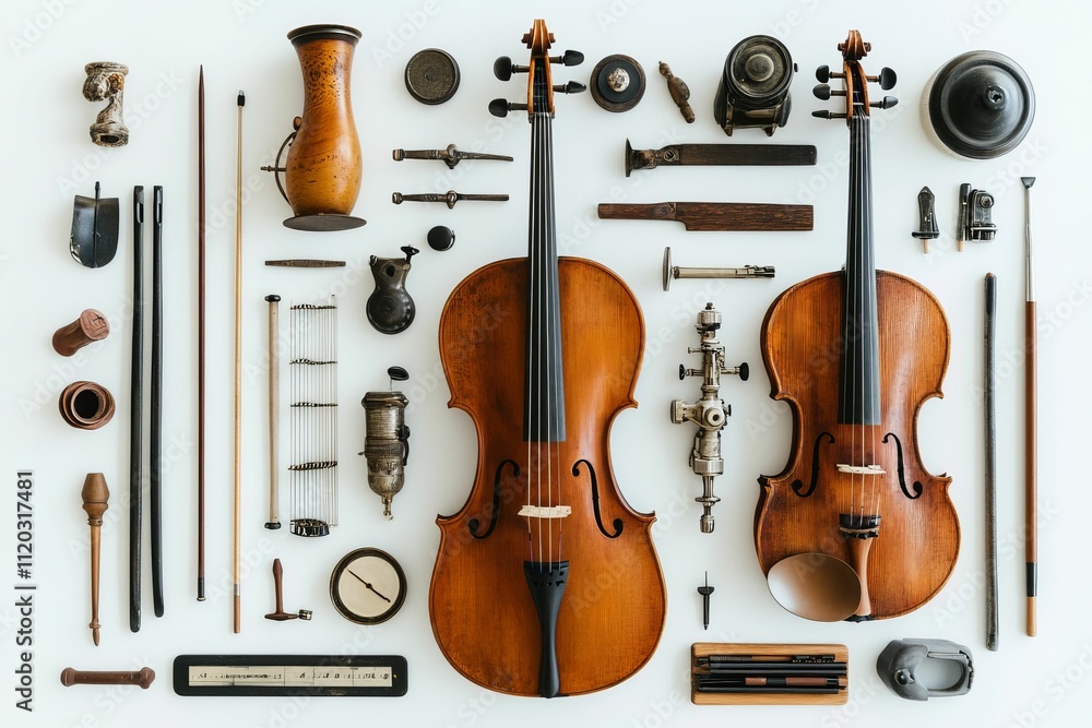 Poster two violins, tools, and assorted objects arranged neatly.