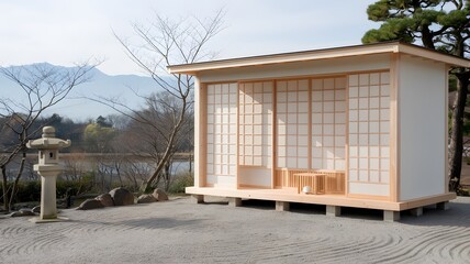 Minimalist Japanese Tea House by a Serene River