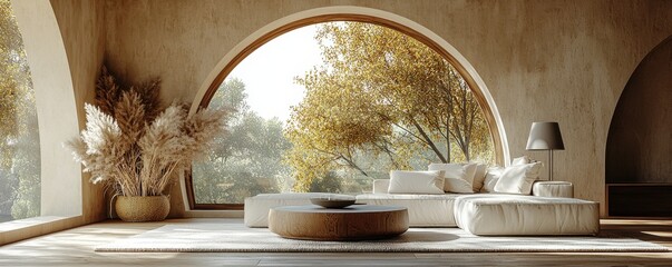 Modern living room with arched window and natural light design