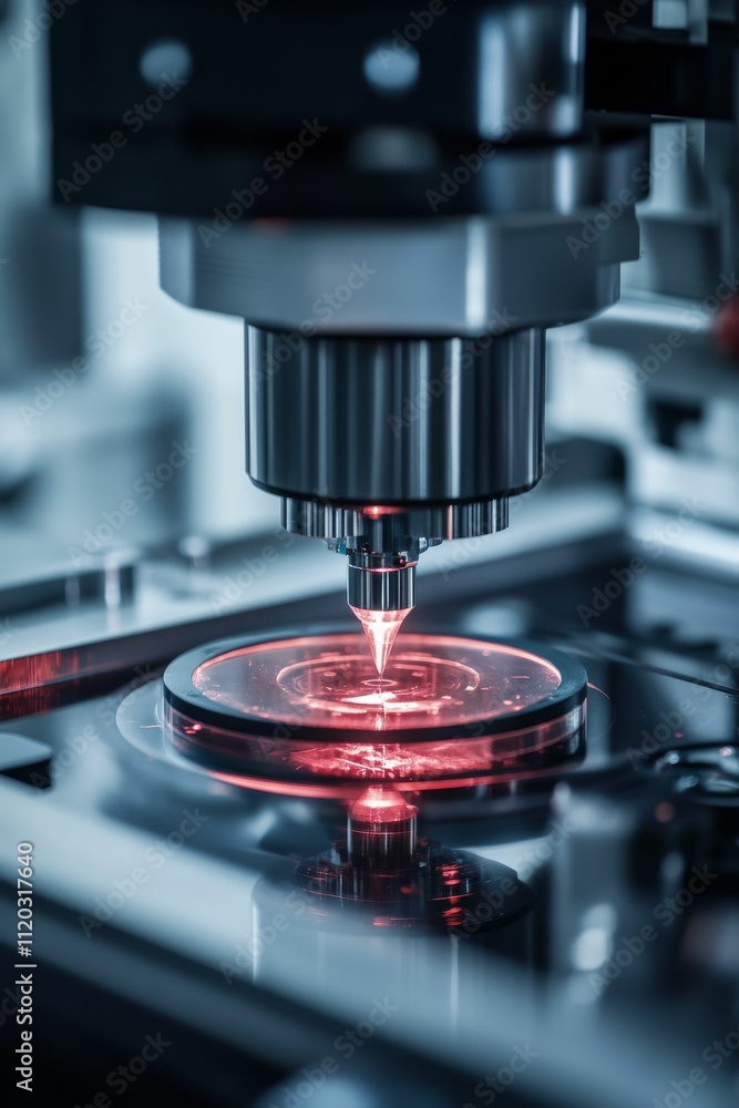 Poster precision instrument probes illuminated sample, creating ripples.