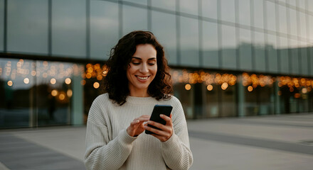 Fototapeta premium A woman in a cozy sweater enjoys a moment of connection on her phone. The urban backdrop with blurred lights adds warmth to the cool evening. Generated AI.