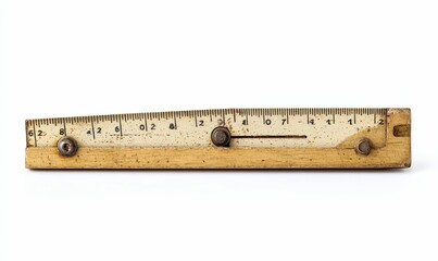 Aged wooden ruler, marked measurements, sliding indicator.