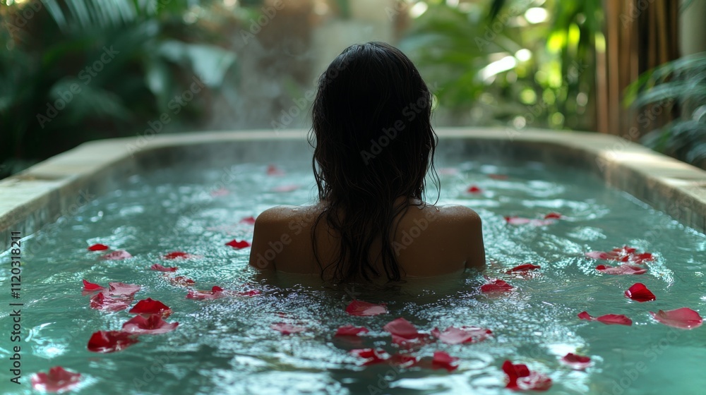 Poster a person enjoys a peaceful moment in a soothing spa with rose petals scattered across the water. the