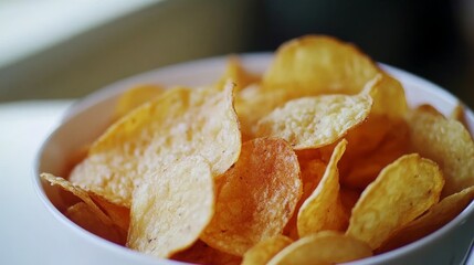 A bowl of potato chips, sitting on a white surface.