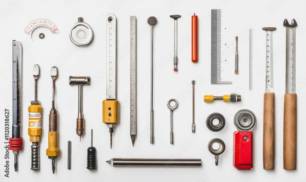 Poster precision instruments, tools, and measuring devices arranged neatly.