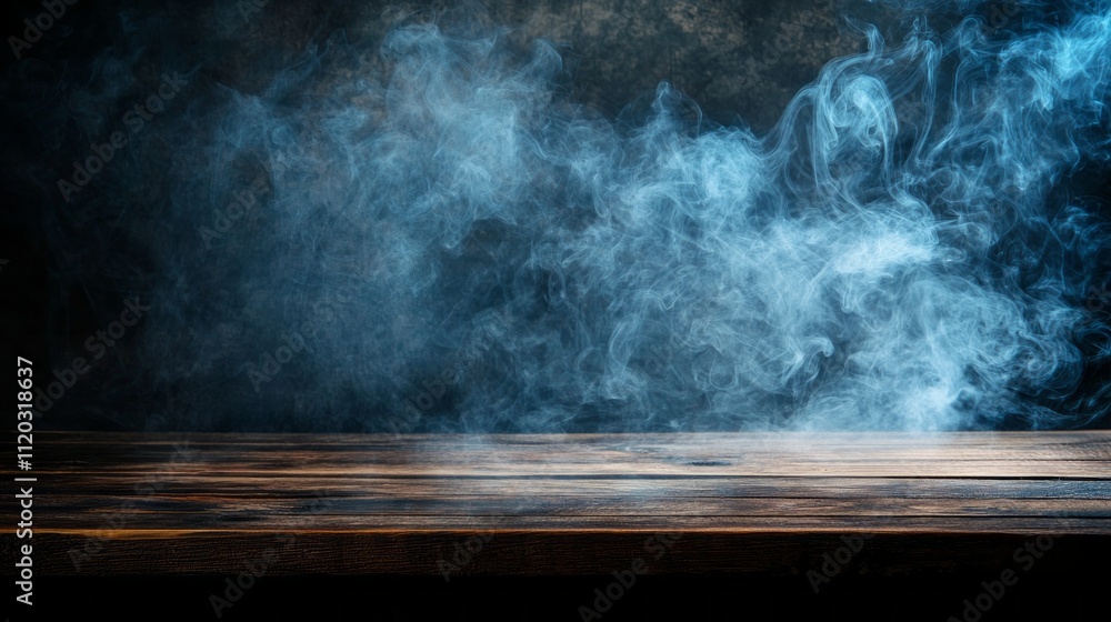 Leinwandbilder an empty wooden table stands under a dim light, with soft tendrils of smoke swirling gently upwards,