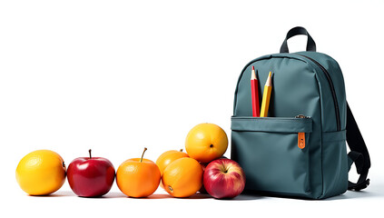 Fruits, nuts, pencils, and backpack are arranged on an isolated white background for a wholesome and educational visual display._00001_