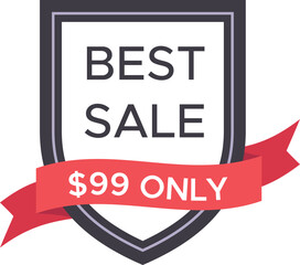 Ninety nine dollar sale offer prominently displayed on a shield, featuring a vibrant red ribbon, highlighting significant discounts and exceptional value for savvy shoppers