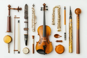 Naklejka premium Variety of musical instruments arranged neatly.