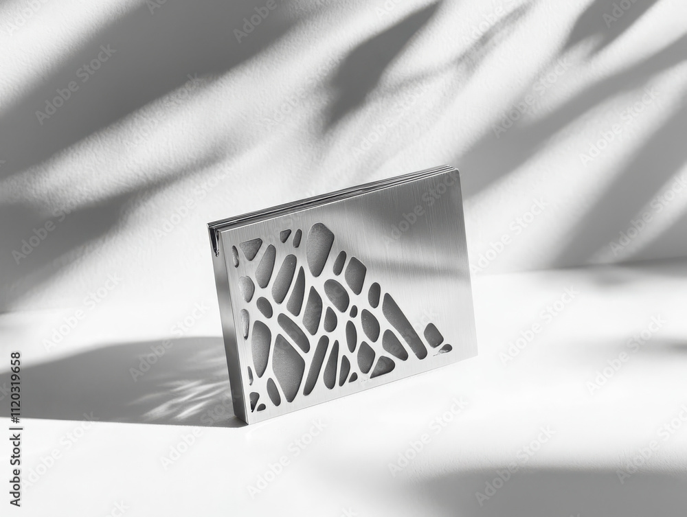 Poster showcasing a modern aesthetic minimalist titanium precision wallet with geometric design and soft sh