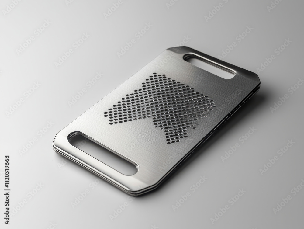 Aufkleber showcasing minimalist titanium precision wallet on white geometric design with soft shadows in an el