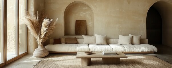Fototapeta premium Modern living room with neutral tones and natural textures