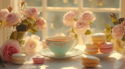 Charming afternoon tea arrangement with teapots, fresh flowers, and an assortment of delicate desserts