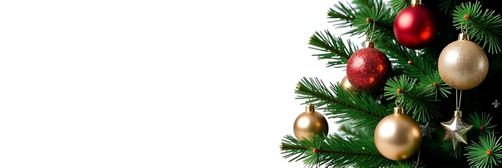 Decorations such as balls, shiny stars, and sequins adorn a Christmas tree against an isolated white background with copyspace._00001_