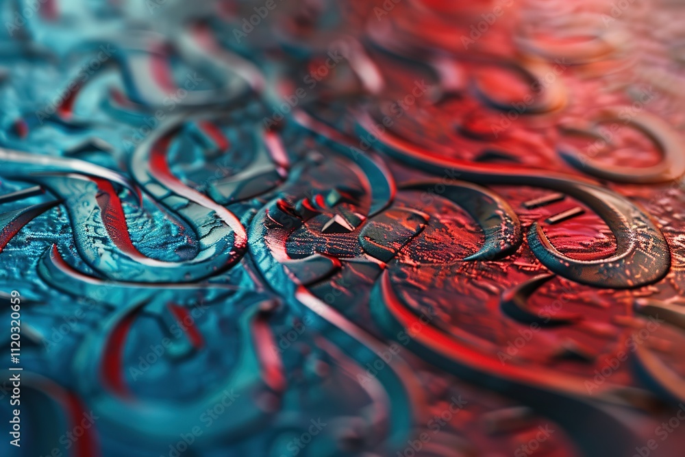 Poster the image is a close up of a blue and red design with a lot of detail