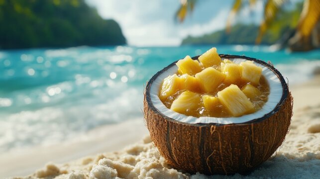 Tropical pineapple dessert in coconut shell on beach.