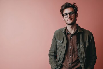 Obraz premium Stylish Young Man Posing Against a Soft Pink Background in Casual Attire