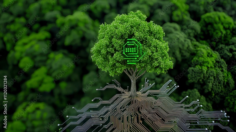 Poster technological innovation in naturea tree merging with circuitry in a lush forest landscape aerial vi