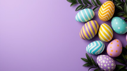 Fototapeta premium Vibrant easter egg arrangement on purple background a festive spring celebration