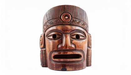Wooden Mayan mask isolated on white backdrop. Carved Mexican tribal item.