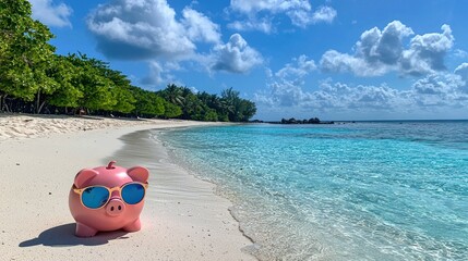 Piggy Bank on Tropical Beach: Saving for Paradise