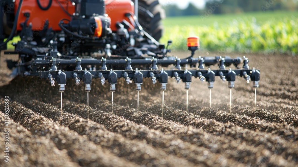 Poster precision agriculture: close-up of seeding machine sowing seeds with accuracy in tilled field