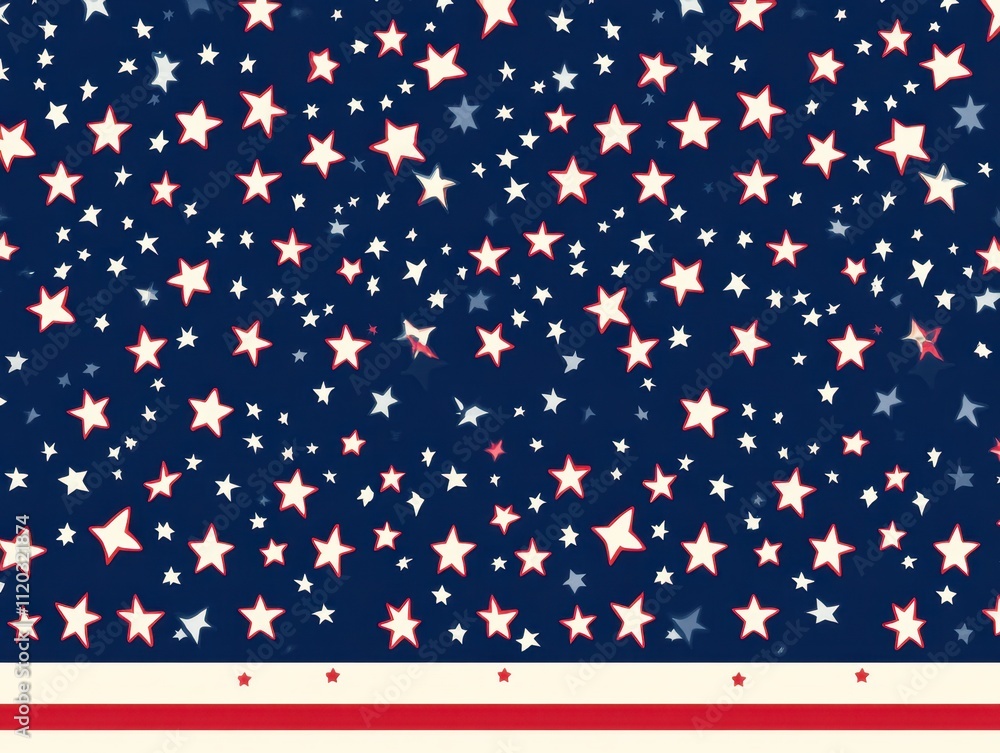 Poster the background is blue, with red and white stripes on the bottom edge of an american flag pattern, f