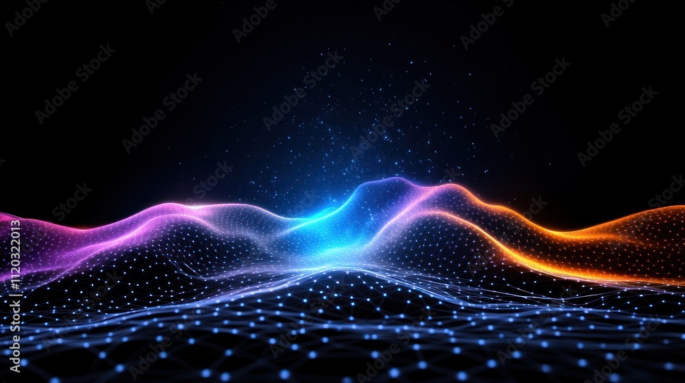 Poster abstract digital landscape with glowing waves and particles.