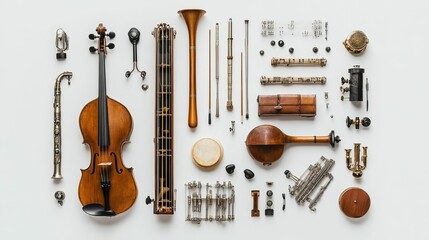 Fototapeta premium Disassembled musical instruments, parts, sheet music.