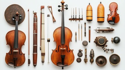 Fototapeta premium Stringed instruments, tools, and miscellaneous objects arranged.