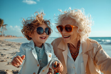 Grandmother and Grandchild Laughing Together on a Sunny Beach