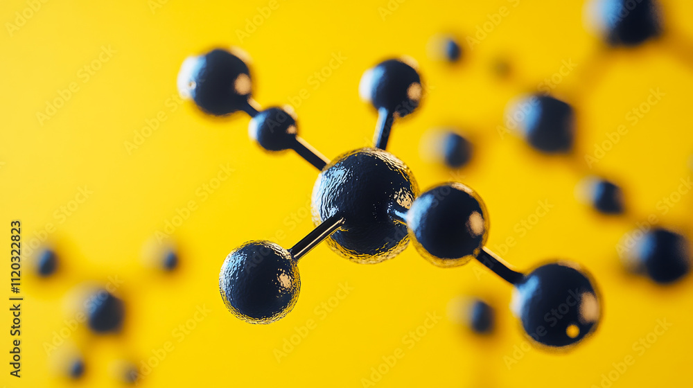 Poster a close up of a molecule with a yellow background. the molecule is made up of many small spheres, an
