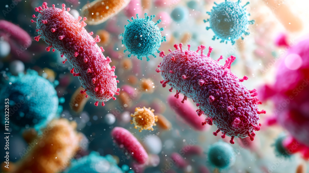 Poster a colorful image of bacteria and viruses floating in the air. scene is chaotic and unsettling, as th