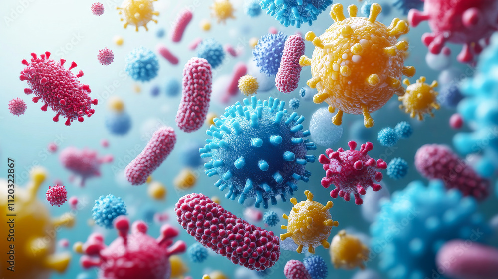 Poster a colorful image of many different colored bacteria floating in the air. concept of chaos and disord
