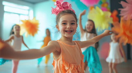 Creative Dance Workshop for Children with Colorful Props and Costumes in a Vibrant Studio Setting