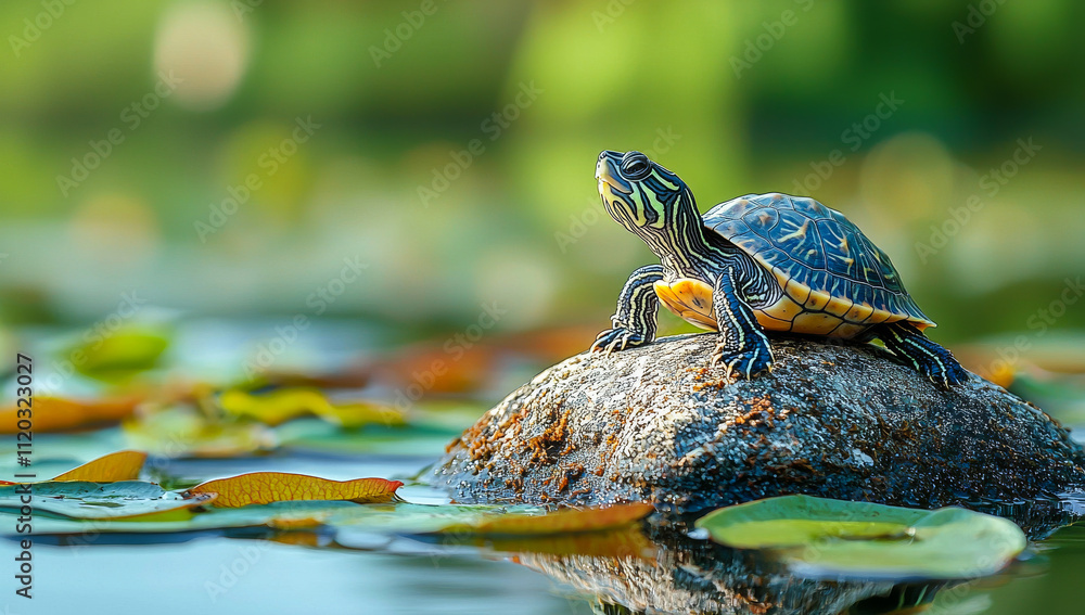 Poster a turtle is sitting on a rock in a pond. the turtle is small and has a green and brown shell. the po