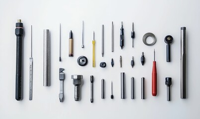 Fototapeta premium Precision instruments arranged neatly on a white surface.