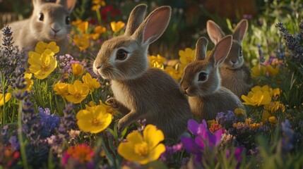 Three Baby Rabbits Playing in a Spring Meadow