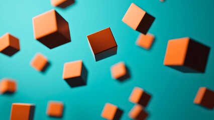 Floating Orange Cubes: Abstract Minimalist Design with a turquoise background.  Floating orange cubes create a visually stunning abstract design. Minimalist and modern.