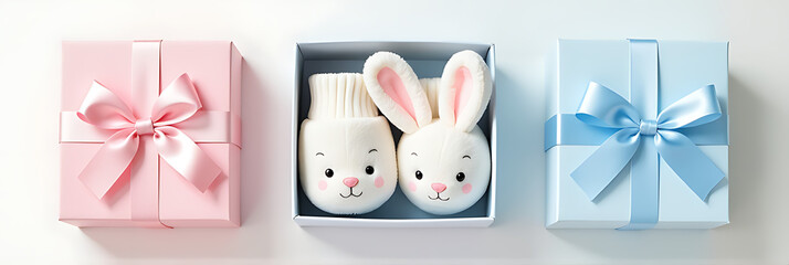 Adorably presented pink and blue gift boxes containing baby booties, bunny rattle, and soother toys set against a clean white background._00001_