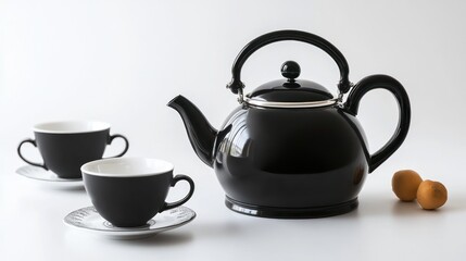 Black enamel kettle with two teacups and fruit on white background.