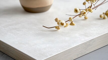 A white vase with a flower in it sits on a white surface