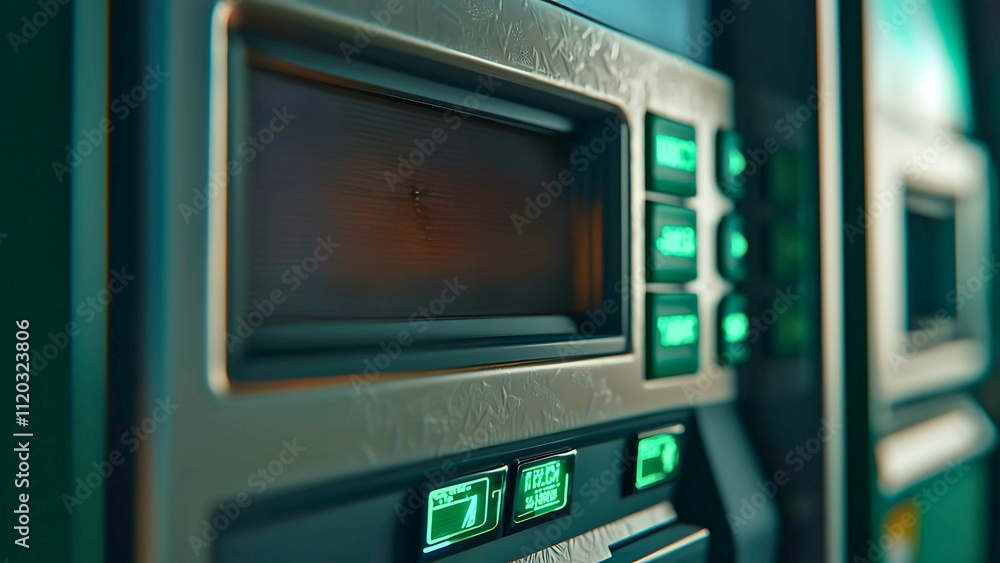 Poster retro tech: a close-up shot of a vintage digital display with glowing green lights. the worn metal c