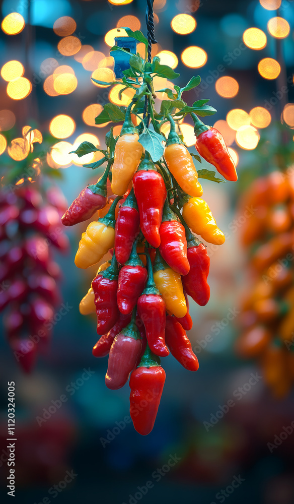 Poster a bunch of red, orange, and yellow peppers hanging from a string. the peppers are arranged in a way 