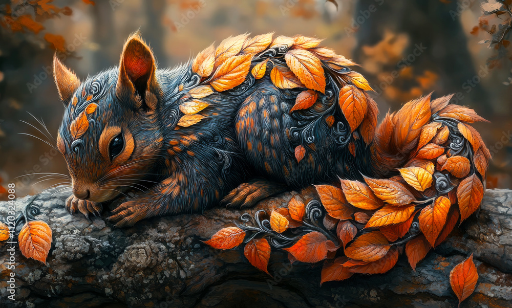 Poster a squirrel is covered in leaves and is laying on a tree branch. the leaves are orange and the squirr