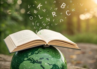 International Literacy Day concept. A open book with alphabet letters and earth. Book with globe.Planting the Seeds of Knowledge: Nurturing Minds and Our Planet.
