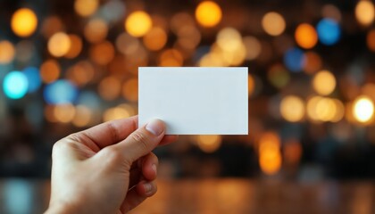 Hand Holding Blank Business Card Against Blurry Background in Modern Workspace Setting