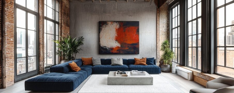 Modern New York City loft with large windows and cozy interior