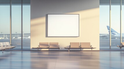 Blank billboard in airport waiting area with seats and runway view.